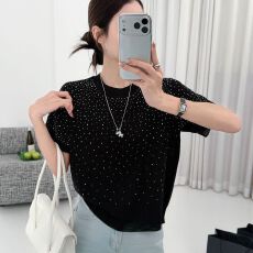 实拍~宽松漂亮圆领短袖针织衫2026夏季新款百搭满天星烫钻女装ins