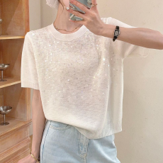 批发实拍~高级感超好看圆领短袖<b class='q'>针织衫</b>2026夏季亮片设计宽松薄款女装