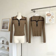 批发实拍~美式半拉链POLO领长袖针织衫女2026新款修身高级感打底毛衣