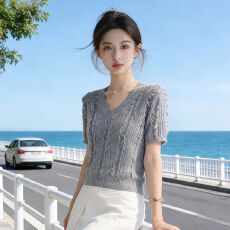 批发实拍~高级感软糯流苏V领短袖针织衫2026夏季新款百搭薄款T恤上衣