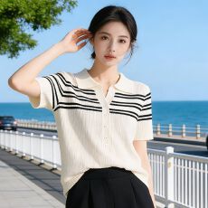 批发实拍~韩系条纹POLO领短袖<b class='q'>针织衫</b>女2026夏新款显瘦减龄薄款T恤上衣