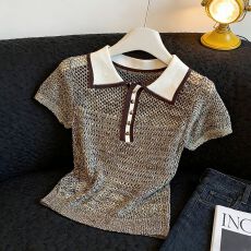 批发实拍~老钱风镂空POLO领短袖针织衫<b class='q'>女</b>2026夏季新款气质百搭T恤罩衣