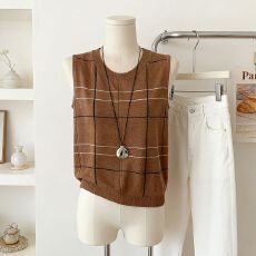 批发实拍~简约风向条针织无袖背心<b class='q'>女</b>2026夏季<b class='q'>新款</b>显瘦马甲亚麻T恤上衣