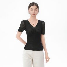 实拍~亮丝V领T恤女短袖2026夏季新款修身泡泡袖气质淑女上衣夏装