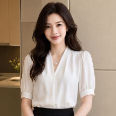 批发实拍~气质OL装V领短袖<b class='q'>衬衫</b>女2026夏新款通勤<b class='q'>职业</b>修身显瘦T恤上衣