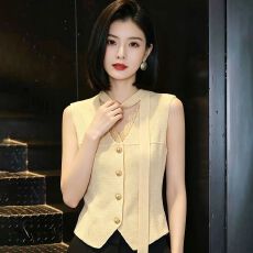 批发实拍~韩版V领无袖马甲蕾丝装饰系带收腰显瘦通勤上衣女装夏季新款