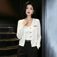 批发实拍~法式V领单排扣字母刺绣开衫长袖针织罗纹下摆显瘦百搭上衣女