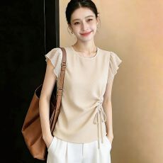 实拍~韩系轻奢风圆领短袖上衣女2026夏季抽绳褶皱收腰显瘦小衫ins