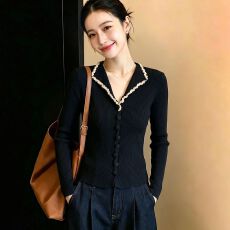 实拍~法式翻领长袖针织开衫女2026秋冬新款时尚短款内搭外穿毛衣