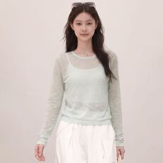 批发实拍~2026早秋薄荷绿微透防晒长袖T恤女<b class='q'>薄款</b>竹节麻透气宽松罩衫潮