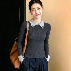 实拍~高级感假两件小香风衬衣领百搭2026秋冬时尚打底毛衣针织衫