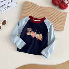 批发<b class='q'>女童</b><b class='q'>春秋</b>纯棉插色拼接长袖印花卡通图案上衣