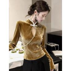 批发新中式咖色丝绒上衣女装2025秋冬独特漂亮气质高级感掐腰内搭<b class='q'>衬衣</b>