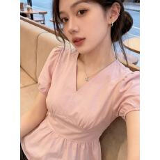 批发2026春季大码粉色韩版气质V领泡泡袖收腰<b class='q'>衬衫</b>女法式显瘦小众上衣