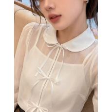 批发2026春季大码白色宽松百搭上衣<b class='q'>甜美</b>减龄蝴蝶结系带长袖衬衫两件套