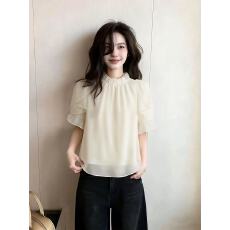 批发2026春新款白色荷叶边<b class='q'>雪纺衫女</b>立领木耳边<b class='q'>短袖</b>宽松显瘦减龄上衣