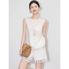 批发夏季亚麻套<b class='q'>装</b><b class='q'>裤</b>女26新款<b class='q'>气质</b>蕾丝太阳花背心上衣+短<b class='q'>裤</b>两件套