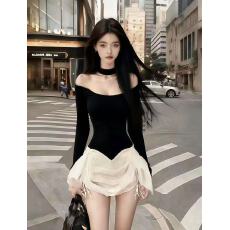 批发韩版早秋氛围感御姐辣妹穿搭黑色修身一字肩<b class='q'>露肩</b>长袖纯欲<b class='q'>连衣裙</b>女