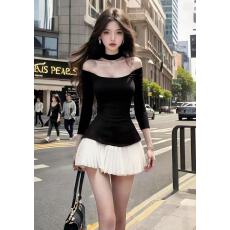 批发韩系氛围感时尚黑白撞色一字领露肩长袖收腰拼接百褶设计感连衣裙