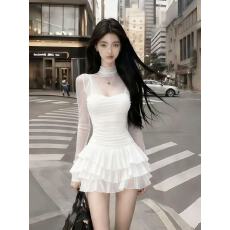 批发轻奢气质名媛纯欲风白色半高领网纱拼接微透氛围感气质辣妹连衣裙