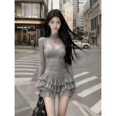 批发轻奢气质名媛纯欲风灰色半高领网纱拼接微透氛围感气质辣妹连衣裙