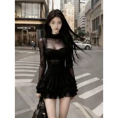 批发轻奢气质名媛纯欲风黑色半高领网纱拼接微透氛围感气质辣妹连衣裙