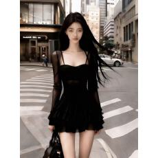 批发秋冬韩版时尚氛围感千金风黑色网纱方领长袖<b class='q'>高腰</b>气质显瘦<b class='q'>连衣裙</b>