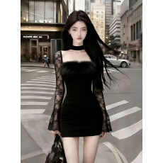 批发2025冬时尚气质名媛静奢御姐风黑色方领长袖修身收腰包臀<b class='q'>连衣裙</b>女