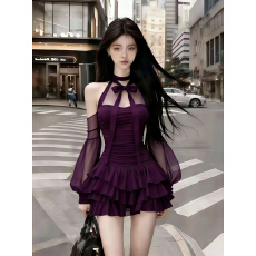 批发轻奢时尚气质高级千金风紫色圆领挂脖露肩网纱褶皱长袖收腰<b class='q'>连衣裙</b>