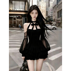 批发轻奢时尚气质高级千金风黑色圆领挂脖露肩网纱褶皱长袖收腰<b class='q'>连衣裙</b>