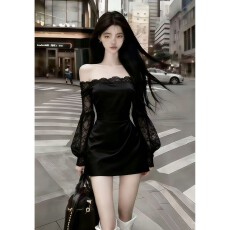 批发秋冬季氛围感黑色蕾丝拼接一字肩<b class='q'>露肩</b>抹胸修身长袖收腰包臀<b class='q'>连衣裙</b>