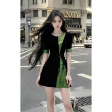 批发夏季新款温柔知性风设计感圆领短袖修身收腰连衣裙女显瘦气质女装