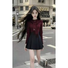 批发秋季新款气质百褶两件套酒红色收腰优雅修身秋季高腰时尚套装显瘦