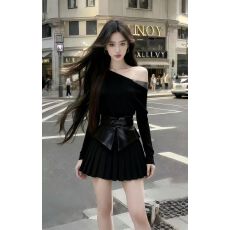 批发静奢高级氛围感休闲<b class='q'>通勤</b>黑色斜领露肩长袖收腰系带百褶连衣裙女