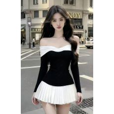 批发静奢氛围感气质<b class='q'>通勤</b>风撞色一字肩露肩长袖收腰拼接百褶连衣裙女