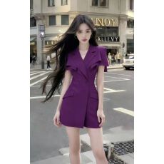 批发轻奢优雅温柔知性风<b class='q'>高端</b>大气紫色修身V领收腰短袖包臀<b class='q'>连衣裙</b>女