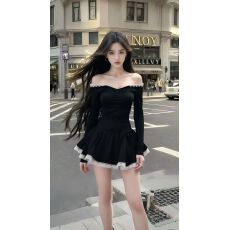 批发2026春季气质名媛高级黑色无袖露肩一字领抹胸中腰设计感连衣<b class='q'>裙</b>