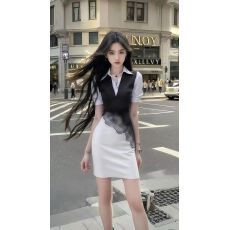 批发设计感黑白色衬衫领短袖修身收腰包臀不规则连衣裙女显瘦气质女装