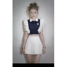 批发黑白撞色显瘦性感修身上衣辣妹<b class='q'>百褶</b>裙小众设计感小清新时尚气质