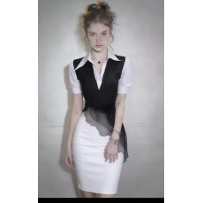 批发设计感黑白色衬衫领短袖修身收腰包臀不规则连衣裙女显瘦气质女装