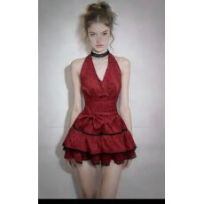 批发2026春季新款性感辣妹红色挂脖V领长裙露背波点修身收腰<b class='q'>连衣裙</b>