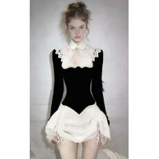 批发韩版氛围感小众穿搭黑白撞色拼接设计感立领蕾丝长袖修身<b class='q'>连衣裙</b>女