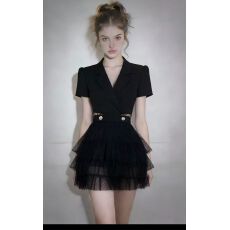 批发黑色设计感网纱西装<b class='q'>连衣裙</b>女2025夏季新款小众高级<b class='q'>优雅</b>气质蛋糕裙