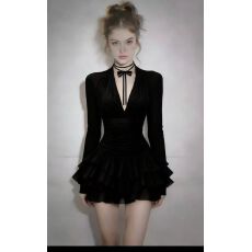 批发春季新款轻奢时尚小黑裙ins辣妹风显瘦黑色V领长袖修身中腰<b class='q'>连衣裙</b>