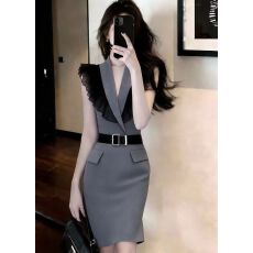 批发爆款宽松法式气质辣妹灰色<b class='q'>连衣裙</b>显瘦时尚小众设计感春季短款收腰