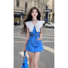 批发夏季上新轻奢通勤风蓝色V领修身收腰系带<b class='q'>连衣裙</b>时尚气质显瘦女装