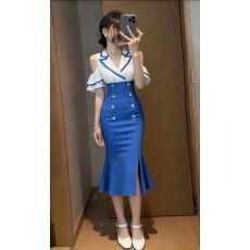 批发新款<b class='q'>优雅</b>轻奢高端大气蓝色V领露肩修身收腰包臀长款<b class='q'>连衣裙</b>氛围感