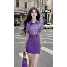 批发轻奢时尚气质名媛通勤风穿搭修身条纹衬衫上衣+高腰<b class='q'>半裙</b>紫色套装