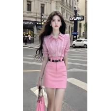 批发轻奢时尚气质名媛通勤风穿搭修身条纹衬衫上衣+高腰<b class='q'>半裙</b>粉色套装