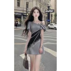 批发法式温柔甜美风时尚高端大气氛围感灰色斜领短袖收腰拼接<b class='q'>连衣裙</b>女